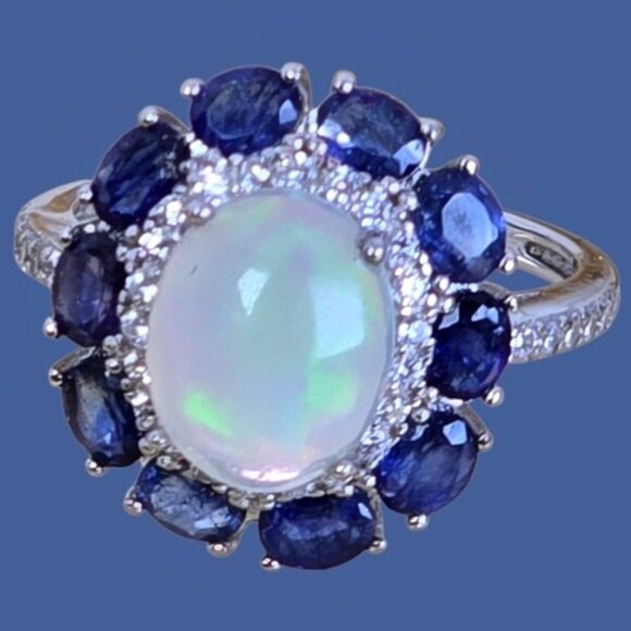 925 Sterling Silver Ring with Natural White Opal 8x10mm & Sapphire Gems - Picture 15 of 15